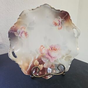 Antique 9" RS Prussia Porcelain Cake Plate with Handles Pink Roses Scalloped